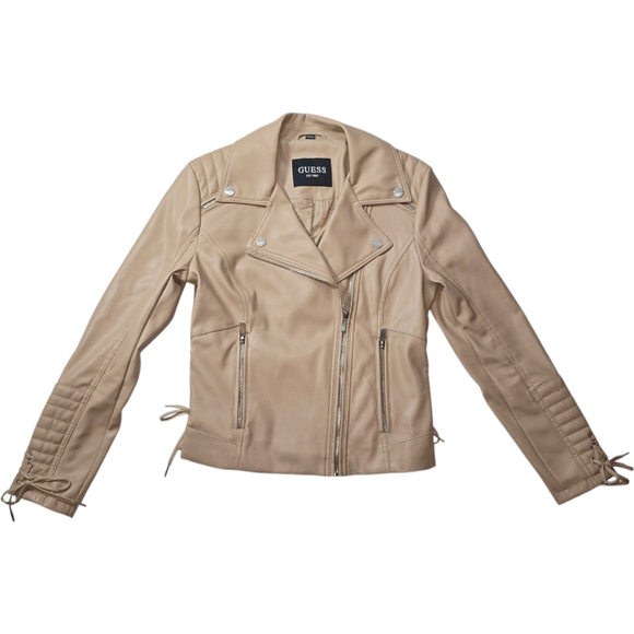 GUESS Women's Faux Leather Laced Moto Jacket Beige SZ M MSRP $200 - Picture 1 of 9